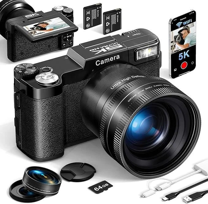 FLATIC Digital Camera with WiFi, 5K 64MP Cameras for Photography with 180° Flip Screen for YouTube